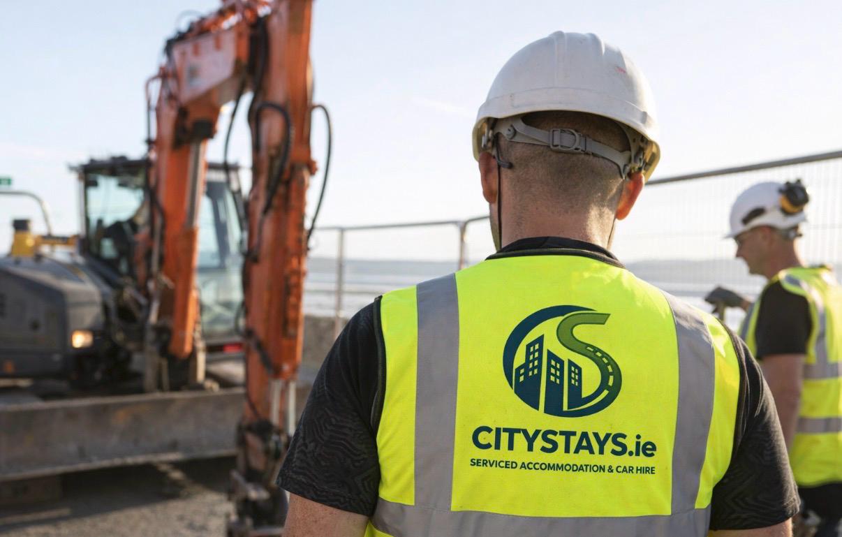 Contractor in high-vis at a CityStays workforce accommodation site in Ireland